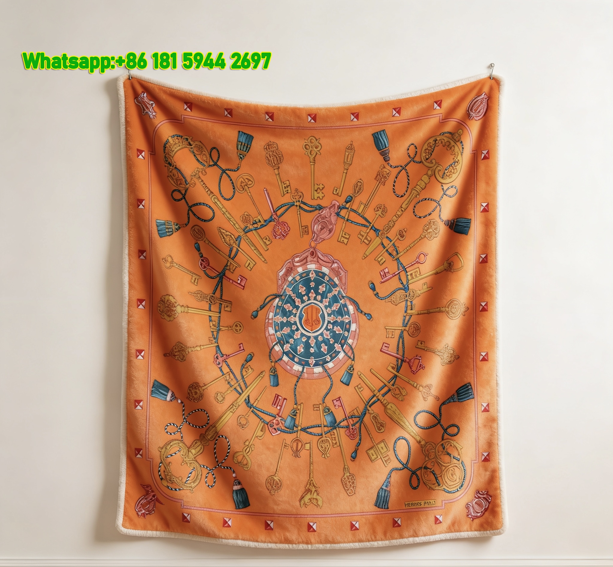 Hermès Inspired Orange Key & Tassel Print Flannel Throw Blanket IMG_5218